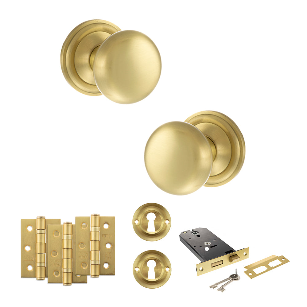 Quality image of Old English Harrogate Door Knob Pack (Lock Set - Horizontal Sashlock, 3" Fire Rated Hinges x3) - Satin Brass | Sku. adpoe58mmksb69 | available from Trade Door Handles.