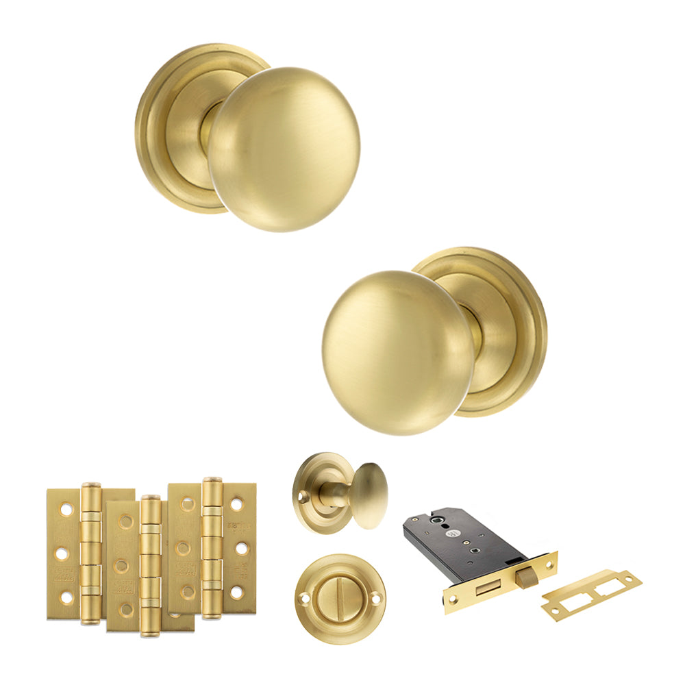 Quality image of Old English Harrogate Door Knob Pack (Lock Set - Horizontal Bathlock, 3" Fire Rated Hinges x3) - Satin Brass | Sku. adpoe58mmksb70 | available from Trade Door Handles.