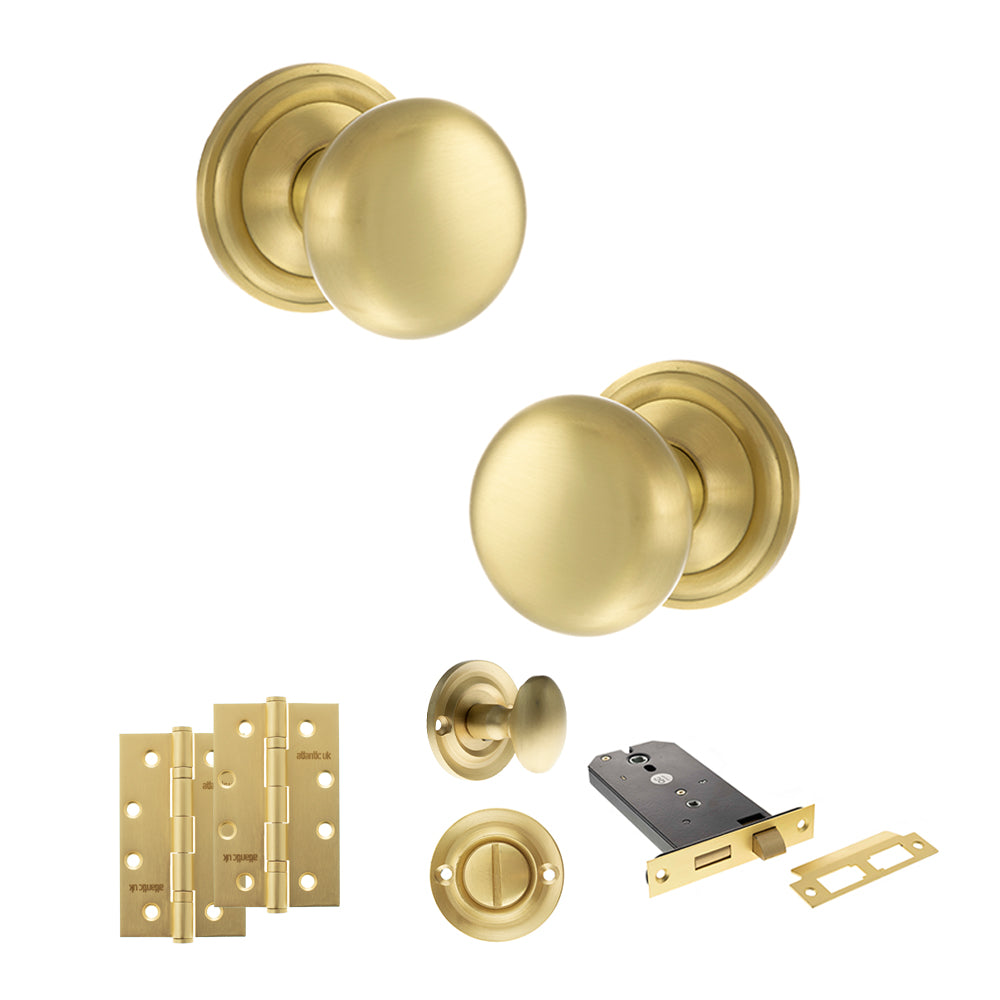 Quality image of Old English Harrogate Door Knob Pack (Lock Set - Horizontal Bathlock, 4" Slim Knuckle Hinges x2) - Satin Brass | Sku. adpoe58mmksb74 | available from Trade Door Handles.