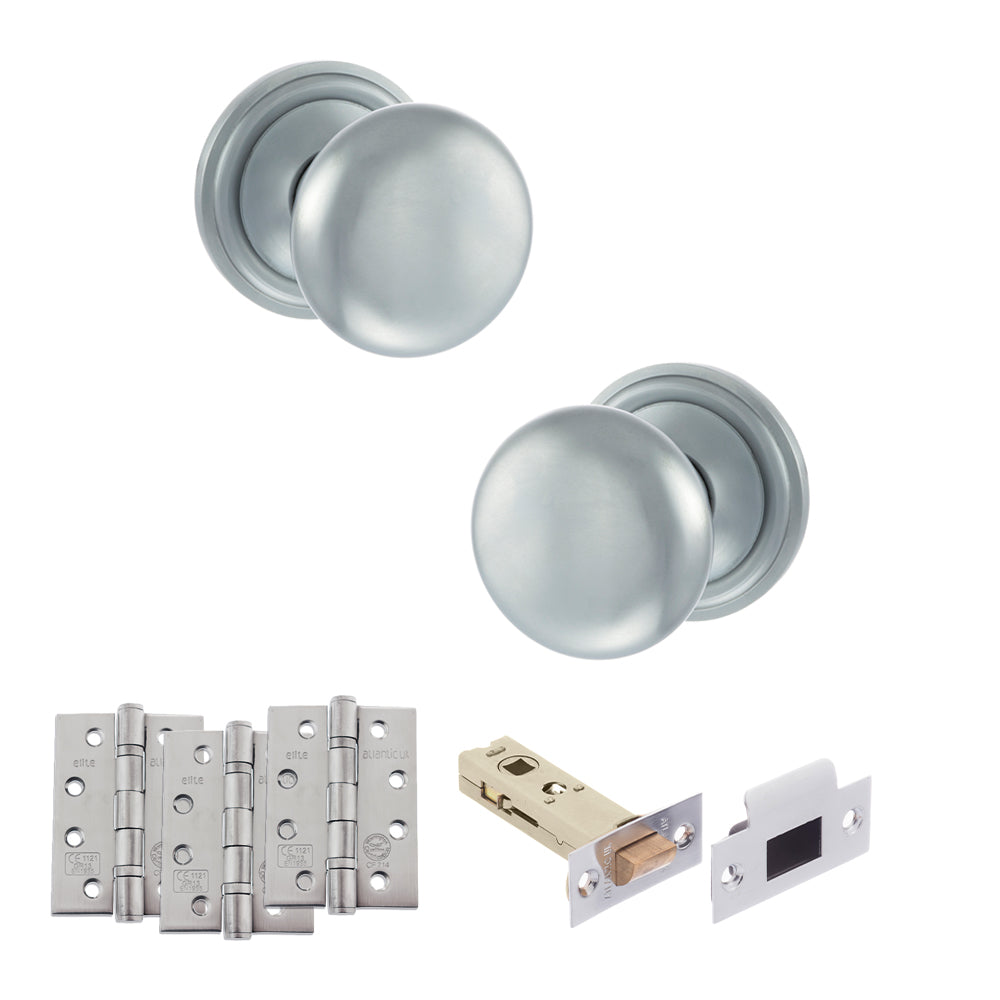 Quality image of Old English Harrogate Door Knob Pack (Latch Set - 3" HD Latch, 4" Fire Rated Hinges x3) - Satin Chrome | Sku. adpoe58mmksc56 | available from Trade Door Handles.