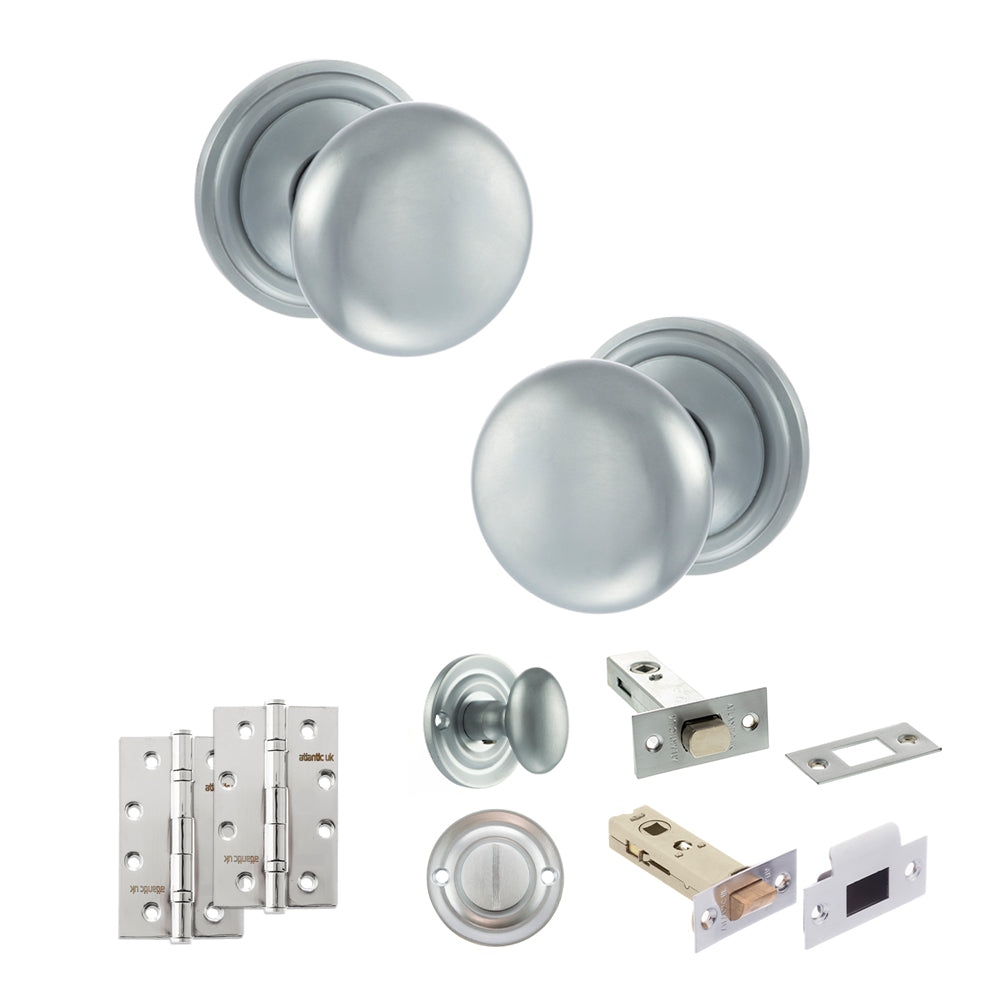 Quality image of Old English Harrogate Door Knob Pack (Bathroom Set - 3" Deadbolt, 4" Slim Knuckle Hinges x2) - Satin Chrome | Sku. adpoe58mmksc64 | available from Trade Door Handles.