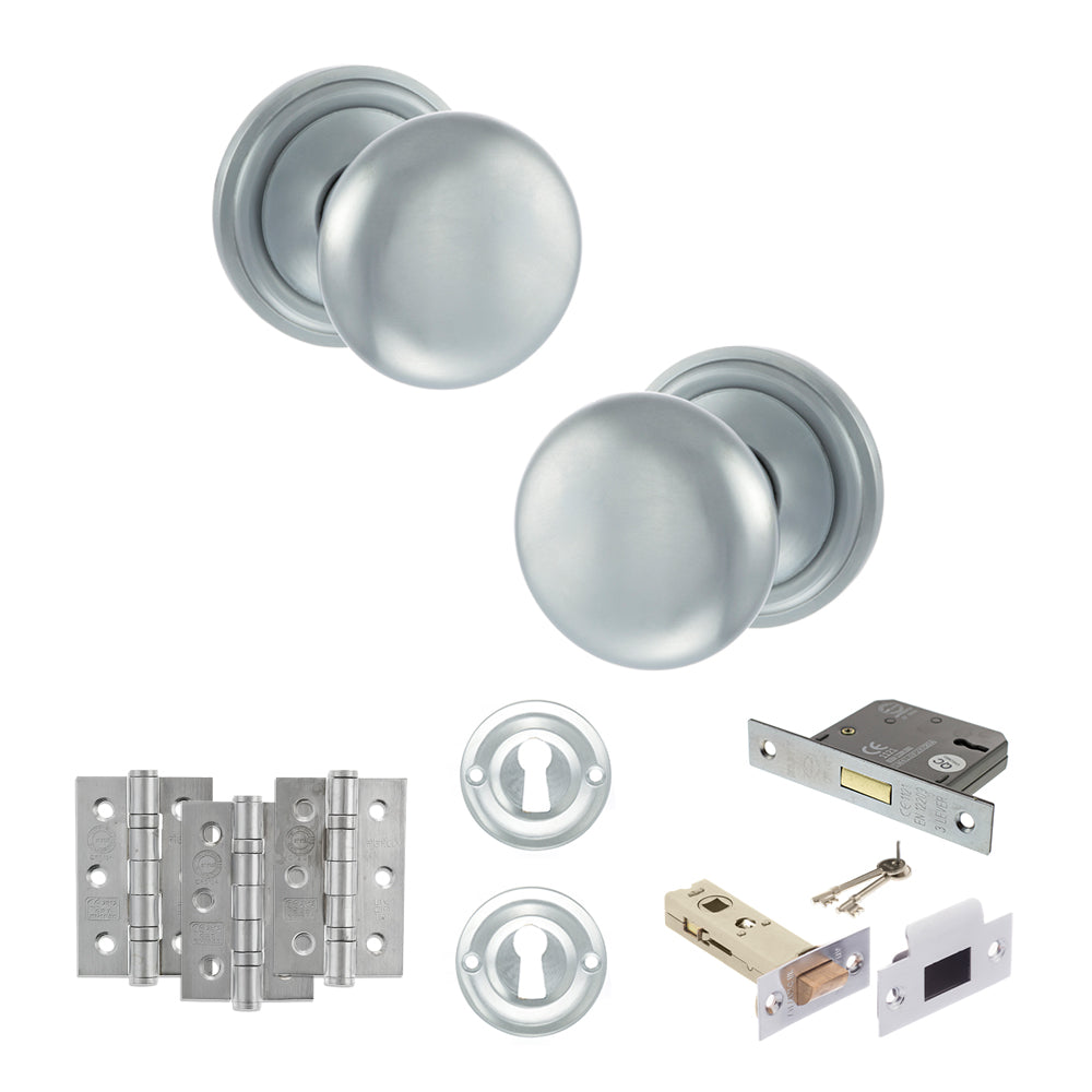 Quality image of Old English Harrogate Door Knob Pack (Lock Set - 3" Latch & Deadlock, 3" Fire Rated Hinges x3) - Satin Chrome | Sku. adpoe58mmksc66 | available from Trade Door Handles.