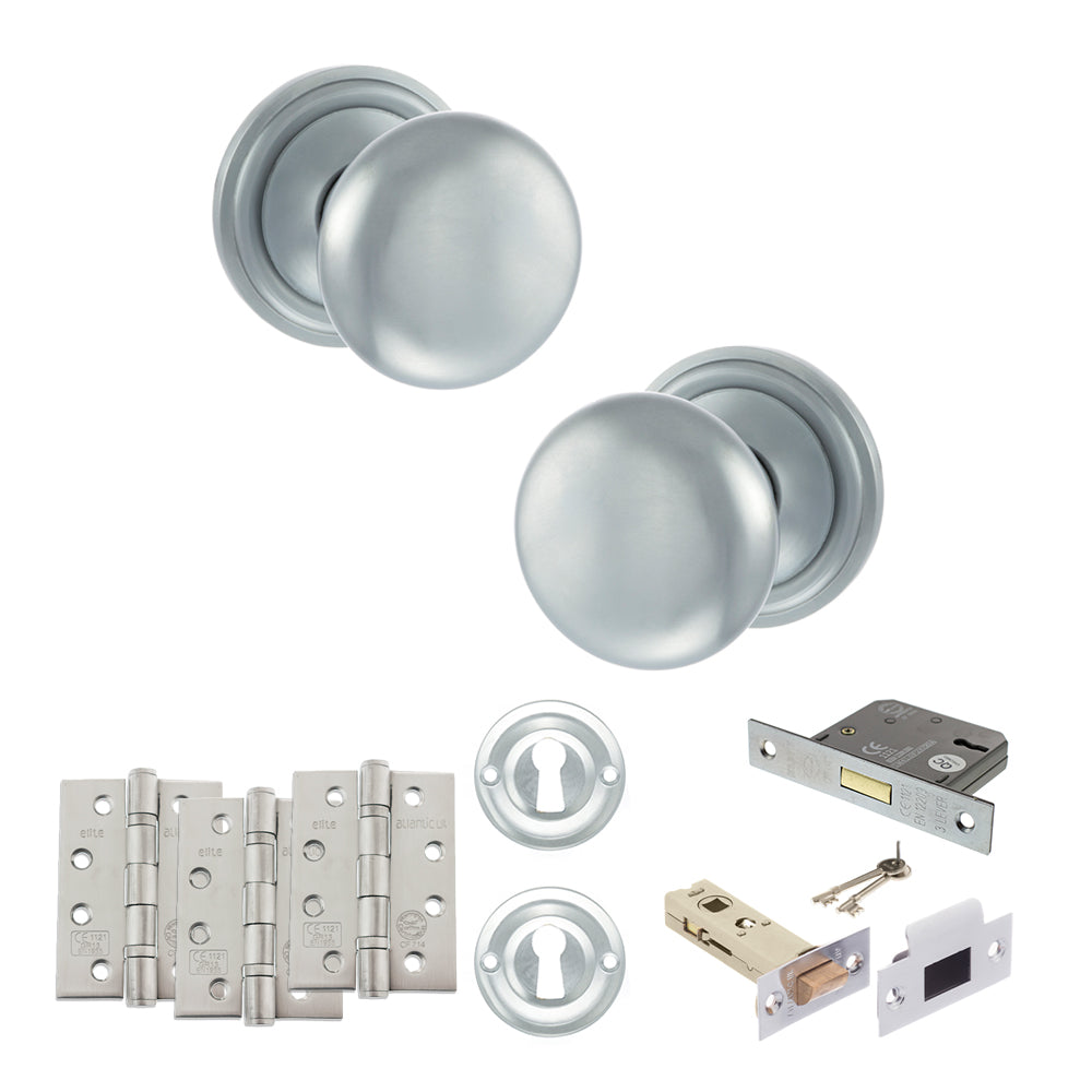 Quality image of Old English Harrogate Door Knob Pack (Lock Set - 3" Latch & Deadlock, 4" Fire Rated Hinges x3) - Satin Chrome | Sku. adpoe58mmksc67 | available from Trade Door Handles.