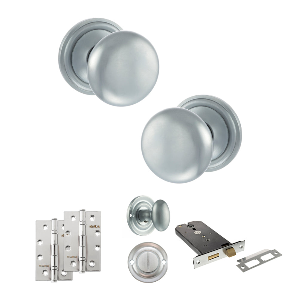 Quality image of Old English Harrogate Door Knob Pack (Lock Set - Horizontal Bathlock, 4" Slim Knuckle Hinges x2) - Satin Chrome | Sku. adpoe58mmksc74 | available from Trade Door Handles.