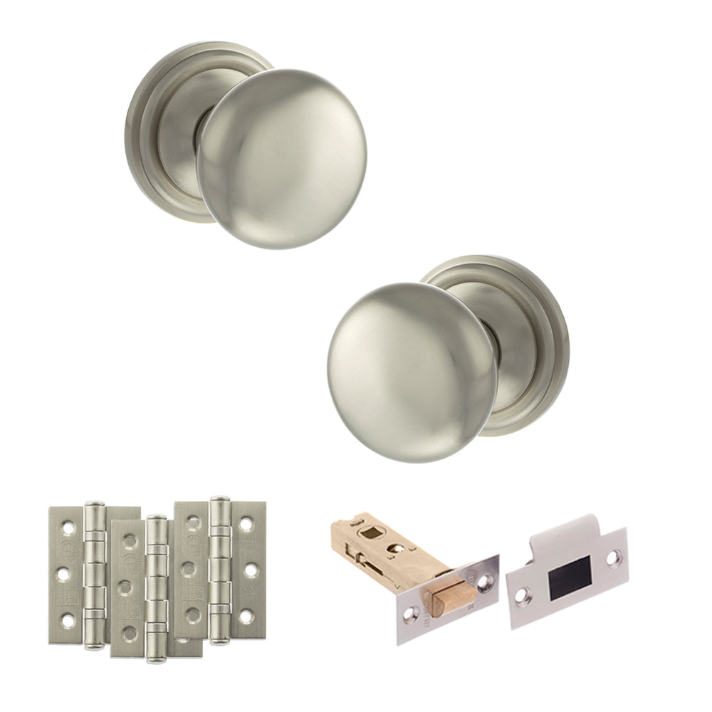 Quality image of Old English Harrogate Door Knob Pack (Latch Set - 3" HD Latch, 3" Fire Rated Hinges x3) - Satin Nickel | Sku. adpoe58mmksn54 | available from Trade Door Handles.