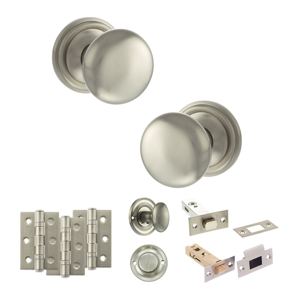 Quality image of Old English Harrogate Door Knob Pack (Bathroom Set - 3" Deadbolt, 3" Fire Rated Hinges x3) - Satin Nickel | Sku. adpoe58mmksn60 | available from Trade Door Handles.