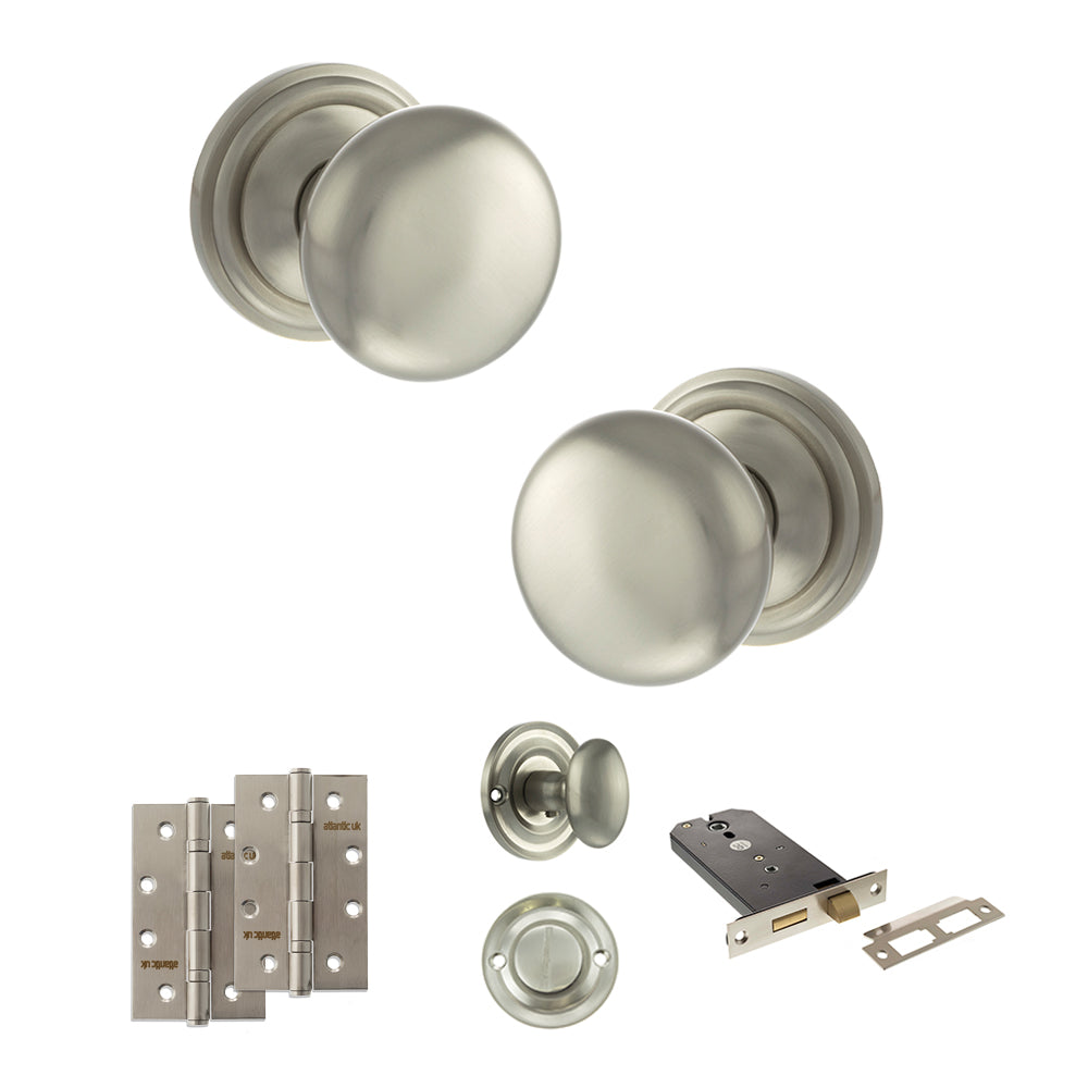 Quality image of Old English Harrogate Door Knob Pack (Lock Set - Horizontal Bathlock, 4" Slim Knuckle Hinges x2) - Satin Nickel | Sku. adpoe58mmksn74 | available from Trade Door Handles.