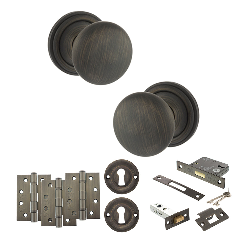 Quality image of Old English Harrogate Door Knob Pack (Lock Set - 3" Latch & Deadlock, 4" Fire Rated Hinges x3) - Urban Bronze | Sku. adpoe58mmkub67 | available from Trade Door Handles.