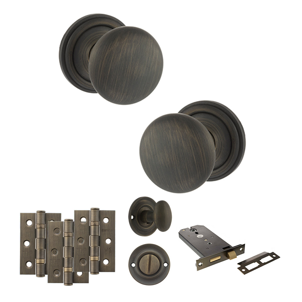 Quality image of Old English Harrogate Door Knob Pack (Lock Set - Horizontal Bathlock, 3" Fire Rated Hinges x3) - Urban Bronze | Sku. adpoe58mmkub70 | available from Trade Door Handles.