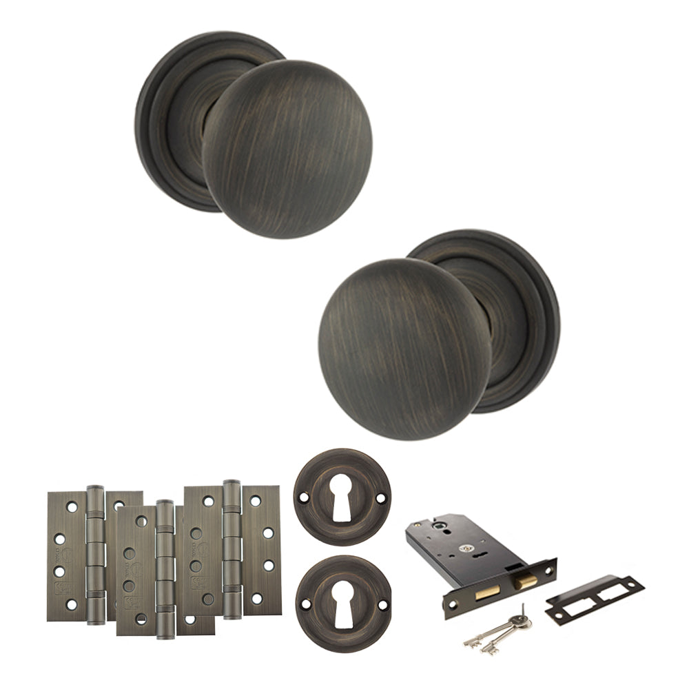 Quality image of Old English Harrogate Door Knob Pack (Lock Set - Horizontal Sashlock, 4" Fire Rated Hinges x3) - Urban Bronze | Sku. adpoe58mmkub71 | available from Trade Door Handles.
