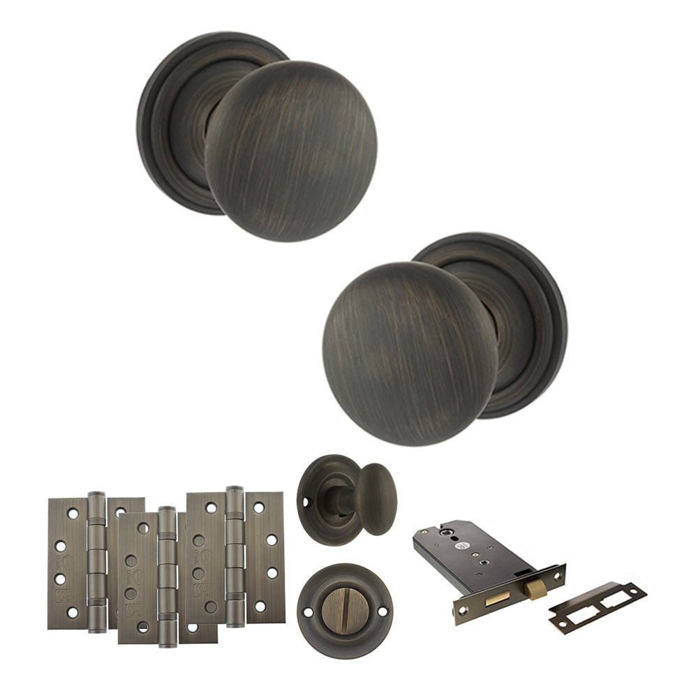 Quality image of Old English Harrogate Door Knob Pack (Lock Set - Horizontal Bathlock, 4" Fire Rated Hinges x3) - Urban Bronze | Sku. adpoe58mmkub72 | available from Trade Door Handles.