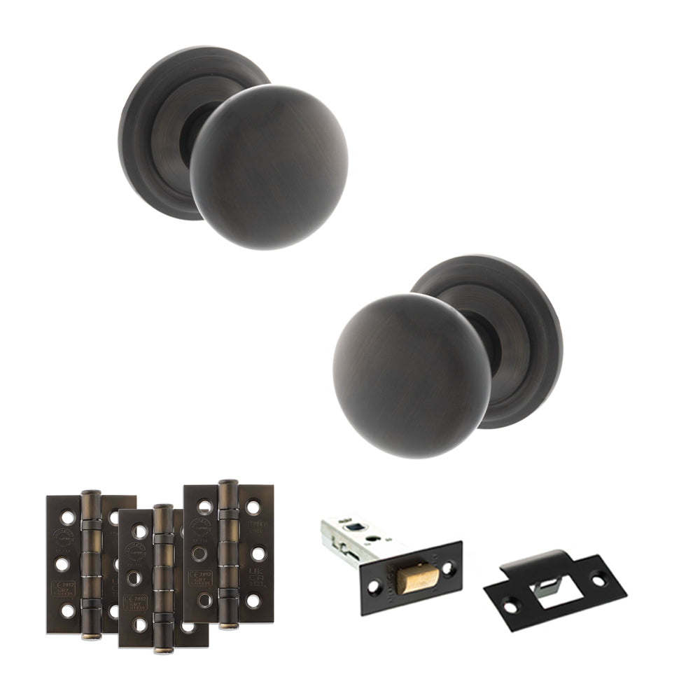 Quality image of Old English Harrogate Door Knob Pack (Latch Set - 3" HD Latch, 3" Fire Rated Hinges x3) - Urban Dark Bronze | Sku. adpoe58mmkudb54 | available from Trade Door Handles.