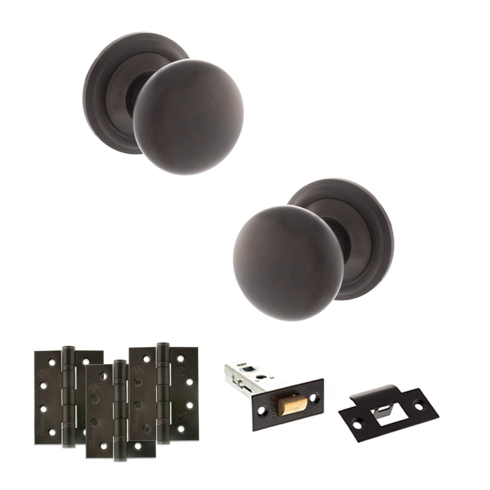 Quality image of Old English Harrogate Door Knob Pack (Latch Set - 4" HD Latch, 4" Fire Rated Hinges x3) - Urban Dark Bronze | Sku. adpoe58mmkudb57 | available from Trade Door Handles.