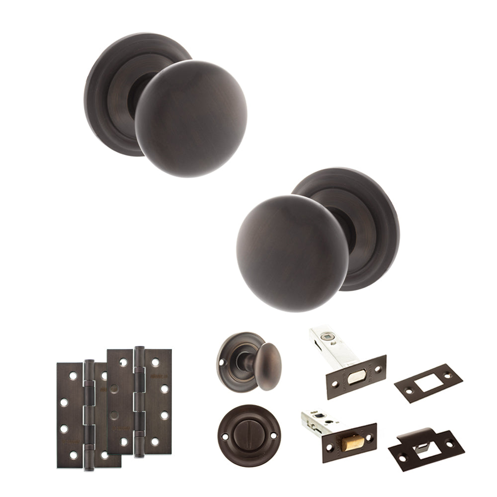 Quality image of Old English Harrogate Door Knob Pack (Bathroom Set - 3" Deadbolt, 4" Slim Knuckle Hinges x2) - Urban Dark Bronze | Sku. adpoe58mmkudb64 | available from Trade Door Handles.