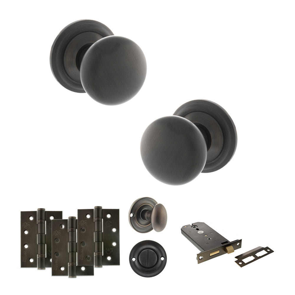 Quality image of Old English Harrogate Door Knob Pack (Lock Set - Horizontal Bathlock, 4" Fire Rated Hinges x3) - Urban Dark Bronze | Sku. adpoe58mmkudb72 | available from Trade Door Handles.