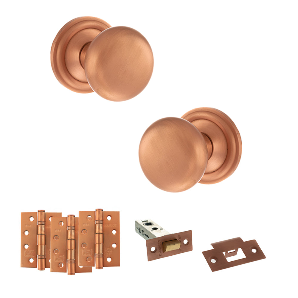 Quality image of Old English Harrogate Door Knob Pack (Latch Set - 3" HD Latch, 4" Fire Rated Hinges x3) - Urban Satin Copper | Sku. adpoe58mmkusc56 | available from Trade Door Handles.