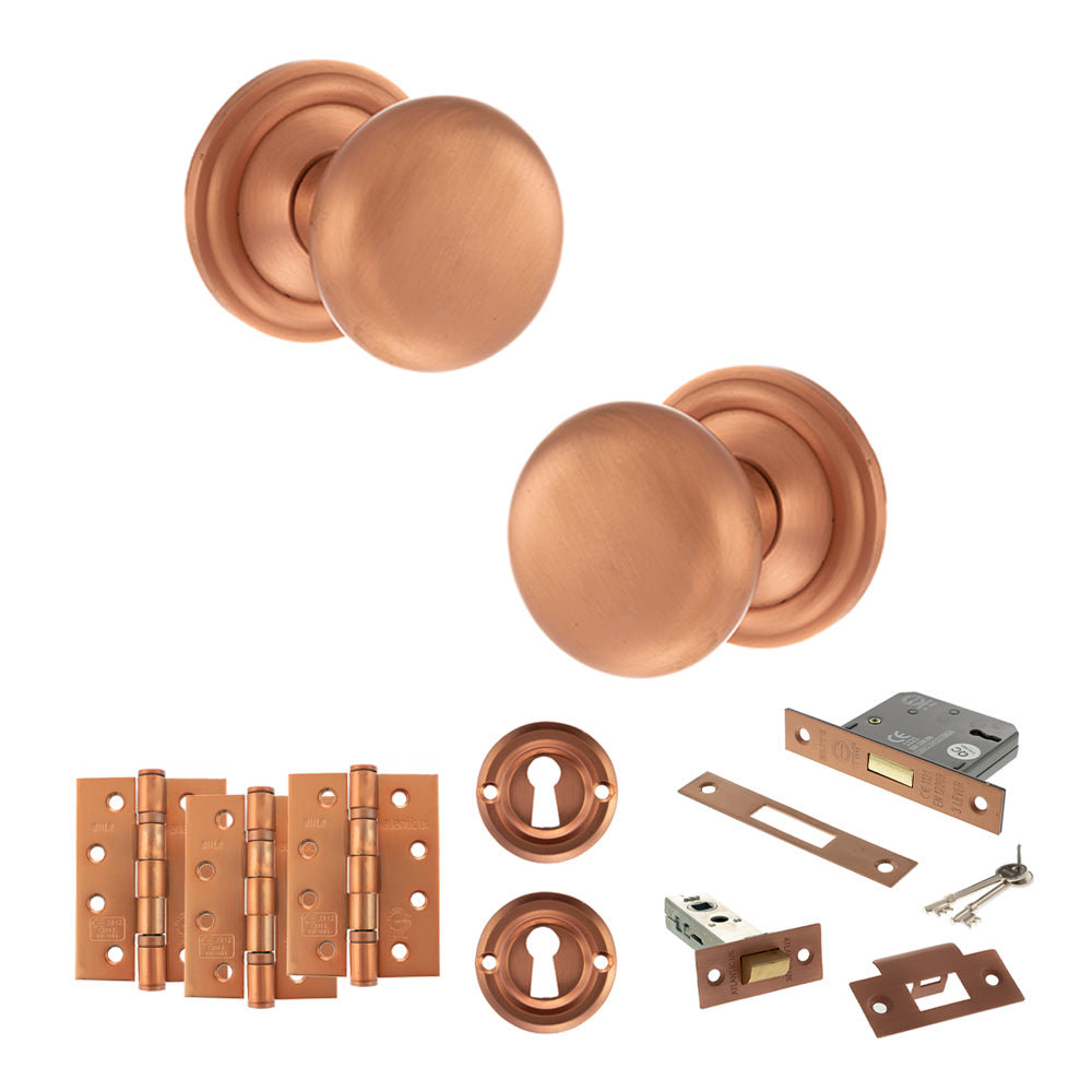 Quality image of Old English Harrogate Door Knob Pack (Lock Set - 3" Latch & Deadlock, 4" Fire Rated Hinges x3) - Urban Satin Copper | Sku. adpoe58mmkusc67 | available from Trade Door Handles.