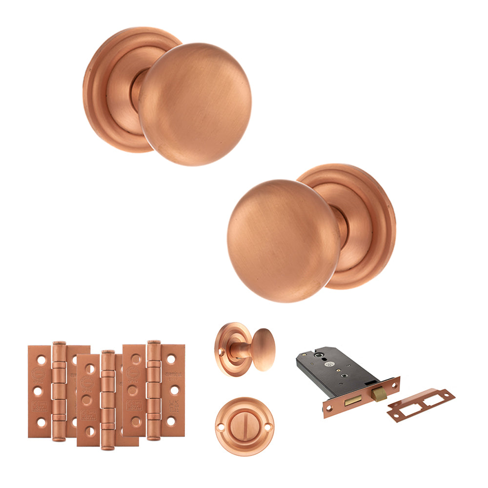 Quality image of Old English Harrogate Door Knob Pack (Lock Set - Horizontal Bathlock, 3" Fire Rated Hinges x3) - Urban Satin Copper | Sku. adpoe58mmkusc70 | available from Trade Door Handles.