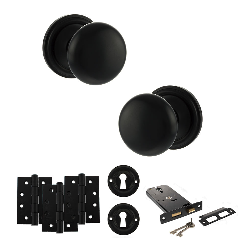 Quality image of Old English Harrogate Door Knob Pack (Lock Set - Horizontal Sashlock, 4" Fire Rated Hinges x3) - Matt Black | Sku. adpoe58mmkmb71 | available from Trade Door Handles.
