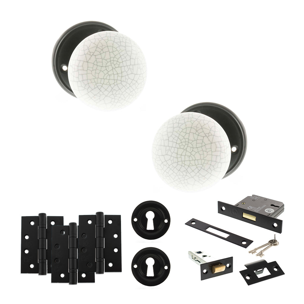 Quality image of Old English Skipton Door Knob Pack (Lock Set - 3" Latch & Deadlock, 4" Fire Rated Hinges x3) - Matt Black | Sku. adpoe59cmkwhmb67 | available from Trade Door Handles.