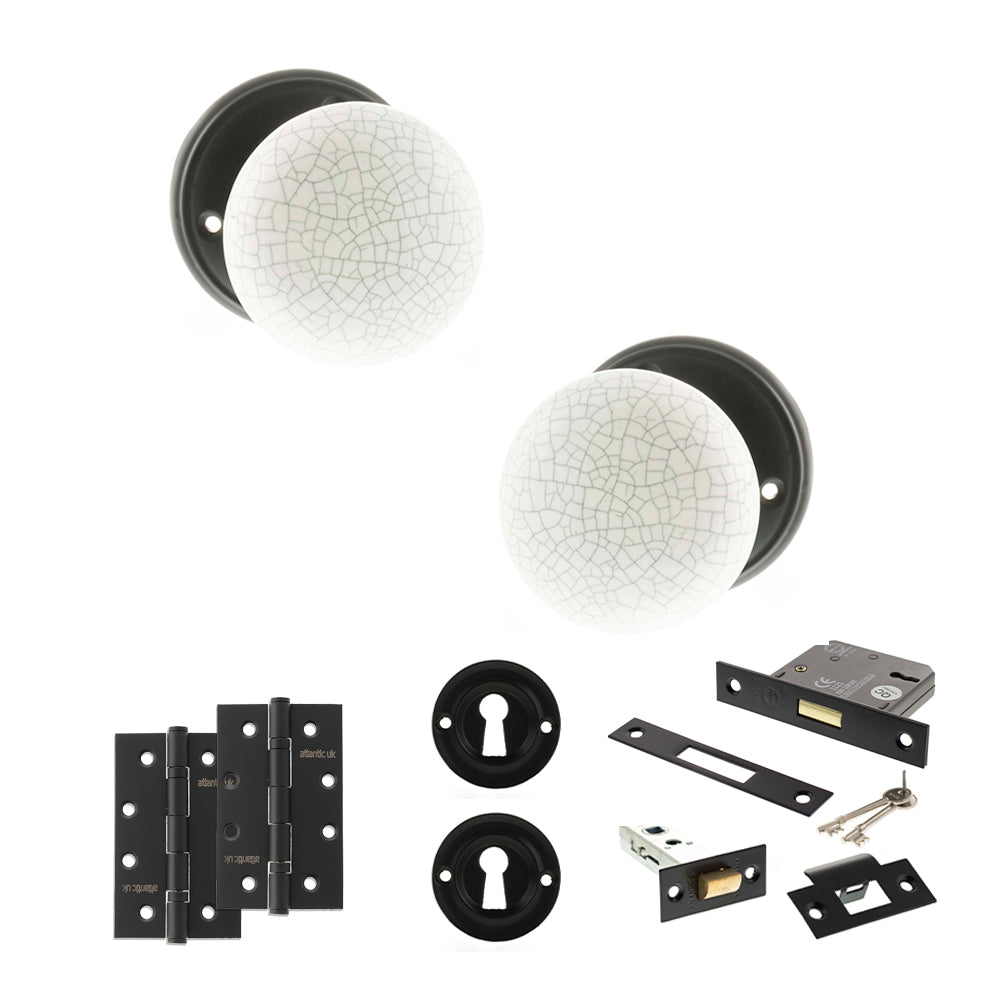 Quality image of Old English Skipton Door Knob Pack (Lock Set - 3" Latch & Deadlock, 4" Slim Knuckle Hinges x2) - Matt Black | Sku. adpoe59cmkwhmb68 | available from Trade Door Handles.