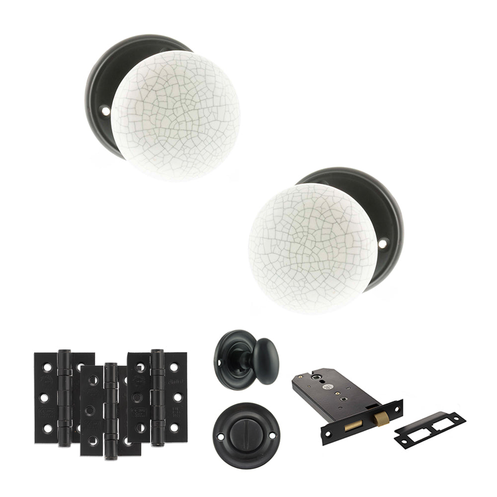 Quality image of Old English Skipton Door Knob Pack (Lock Set - Horizontal Bathlock, 3" Fire Rated Hinges x3) - Matt Black | Sku. adpoe59cmkwhmb70 | available from Trade Door Handles.