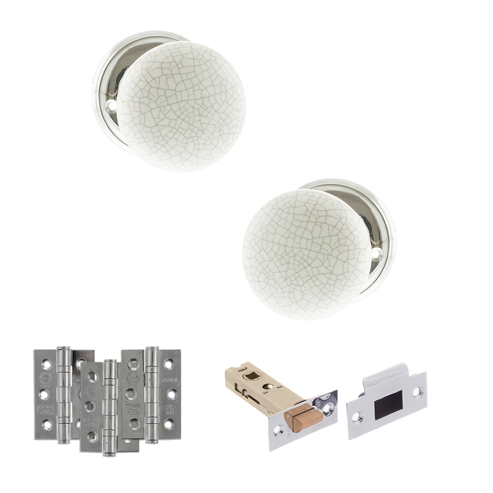 Quality image of Old English Skipton Door Knob Pack (Latch Set - 4" HD Latch, 3" Fire Rated Hinges x3) - Polished Chrome | Sku. adpoe59cmkwhpc55 | available from Trade Door Handles.