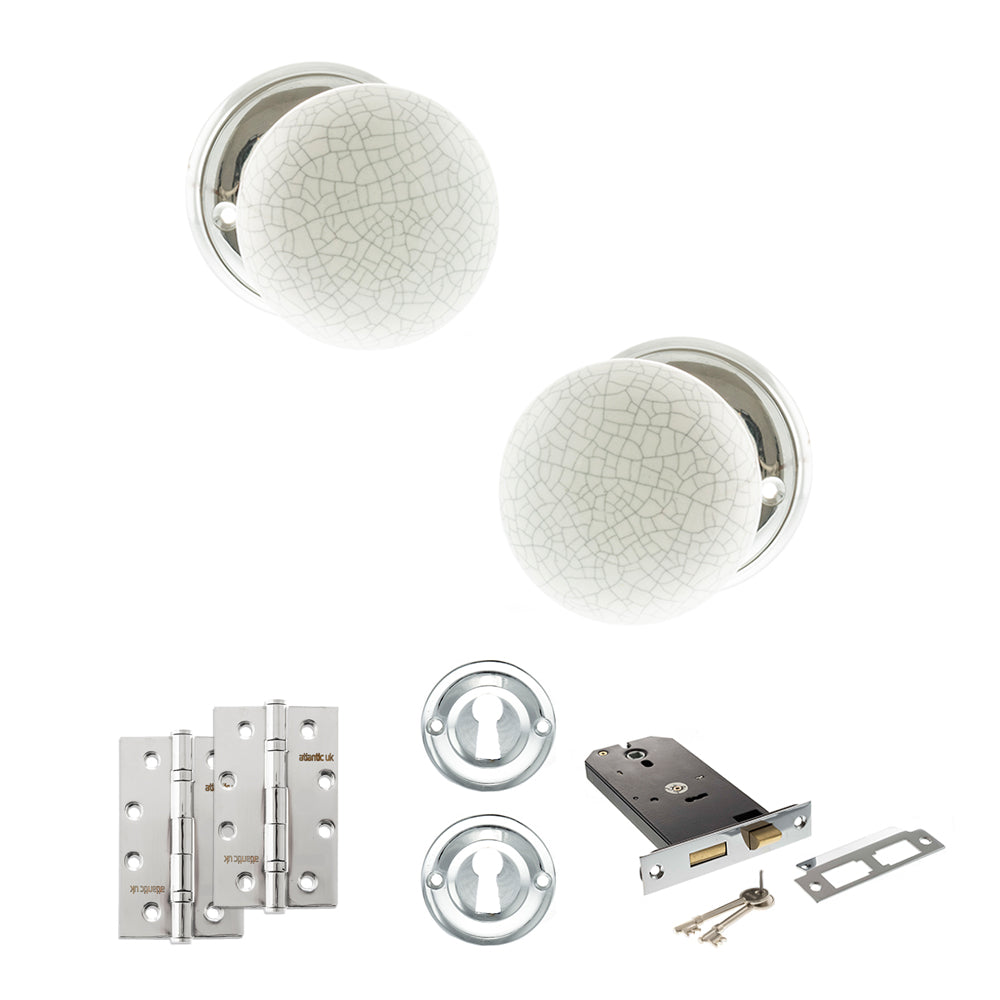 Quality image of Old English Skipton Door Knob Pack (Lock Set - Horizontal Sashlock, 4" Slim Knuckle Hinges x2) - Polished Chrome | Sku. adpoe59cmkwhpc73 | available from Trade Door Handles.