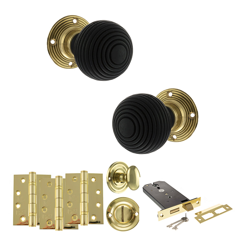 Quality image of Old English Whitby Door Knob Pack (Lock Set - Horizontal Bathlock, 4" Fire Rated Hinges x3) - Polished Brass | Sku. adpoe60rremkpb72 | available from Trade Door Handles.