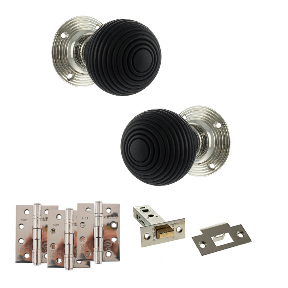 Quality image of Old English Whitby Door Knob Pack (Latch Set - 4" HD Latch, 4" Fire Rated Hinges x3) - Polished Nickel | Sku. adpoe60rremkpn57 | available from Trade Door Handles.