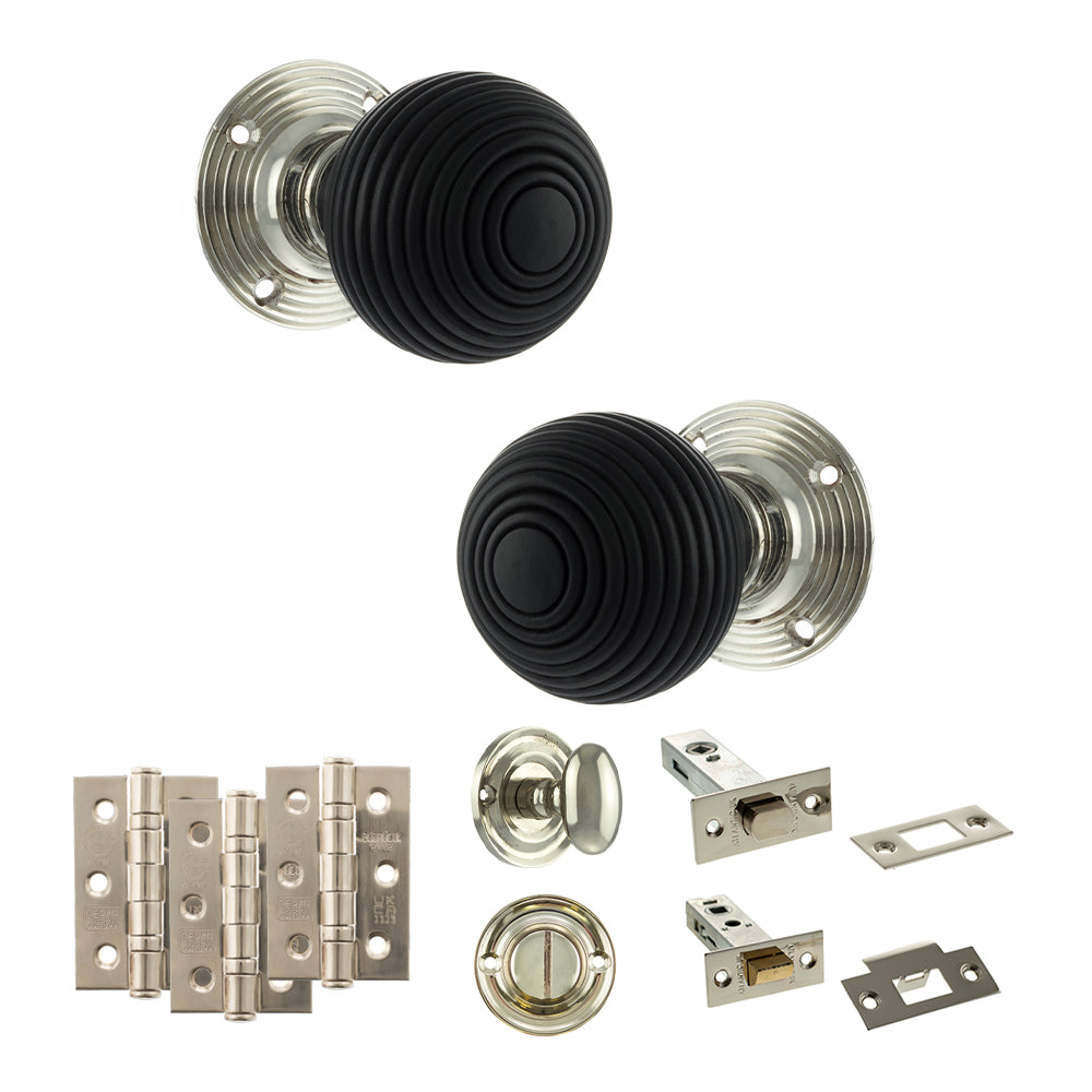Quality image of Old English Whitby Door Knob Pack (Bathroom Set - 3" Deadbolt, 3" Fire Rated Hinges x3) - Polished Nickel | Sku. adpoe60rremkpn60 | available from Trade Door Handles.