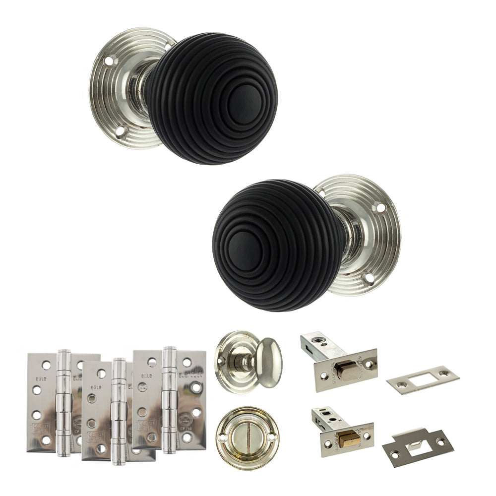 Quality image of Old English Whitby Door Knob Pack (Bathroom Set - 4" Deadbolt, 4" Fire Rated Hinges x3) - Polished Nickel | Sku. adpoe60rremkpn63 | available from Trade Door Handles.