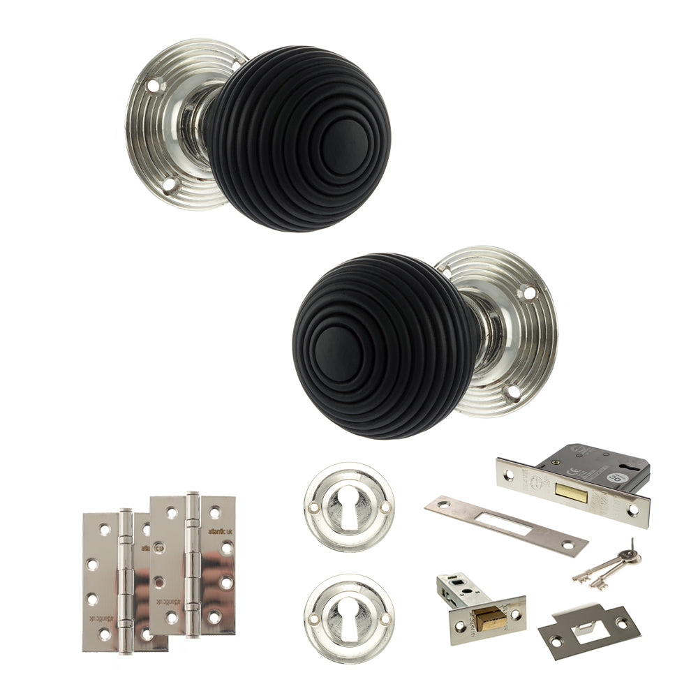 Quality image of Old English Whitby Door Knob Pack (Lock Set - 3" Latch & Deadlock, 4" Slim Knuckle Hinges x2) - Polished Nickel | Sku. adpoe60rremkpn68 | available from Trade Door Handles.