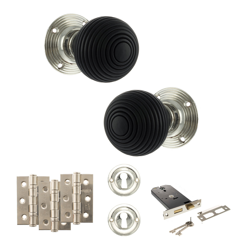 Quality image of Old English Whitby Door Knob Pack (Lock Set - Horizontal Sashlock, 3" Fire Rated Hinges x3) - Polished Nickel | Sku. adpoe60rremkpn69 | available from Trade Door Handles.