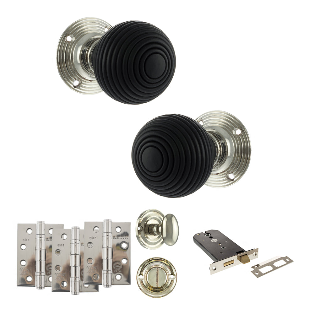 Quality image of Old English Whitby Door Knob Pack (Lock Set - Horizontal Bathlock, 4" Fire Rated Hinges x3) - Polished Nickel | Sku. adpoe60rremkpn72 | available from Trade Door Handles.