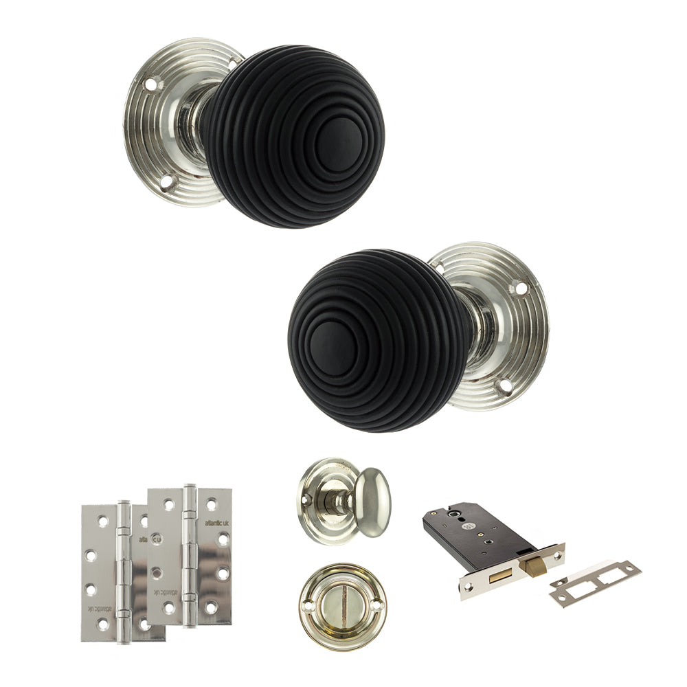 Quality image of Old English Whitby Door Knob Pack (Lock Set - Horizontal Bathlock, 4" Slim Knuckle Hinges x2) - Polished Nickel | Sku. adpoe60rremkpn74 | available from Trade Door Handles.