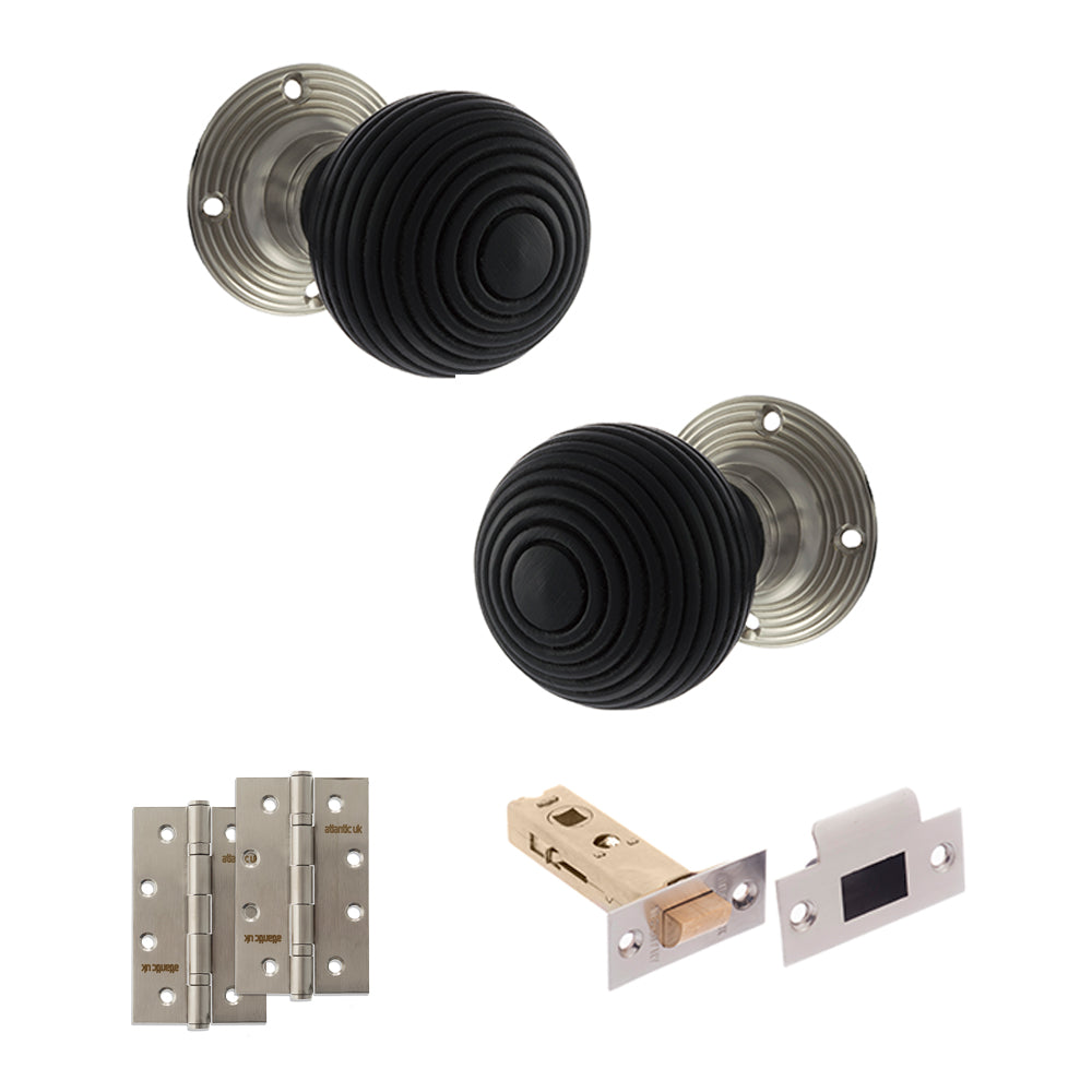 Quality image of Old English Whitby Door Knob Pack (Latch Set - 4" HD Latch, 4" Slim Knuckle Hinges x2) - Satin Nickel | Sku. adpoe60rremksn59 | available from Trade Door Handles.