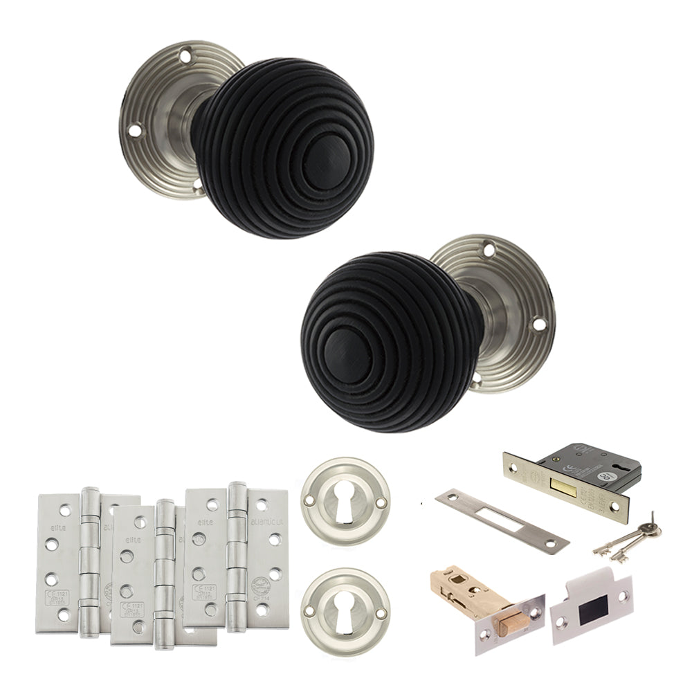 Quality image of Old English Whitby Door Knob Pack (Lock Set - 3" Latch & Deadlock, 4" Fire Rated Hinges x3) - Satin Nickel | Sku. adpoe60rremksn67 | available from Trade Door Handles.