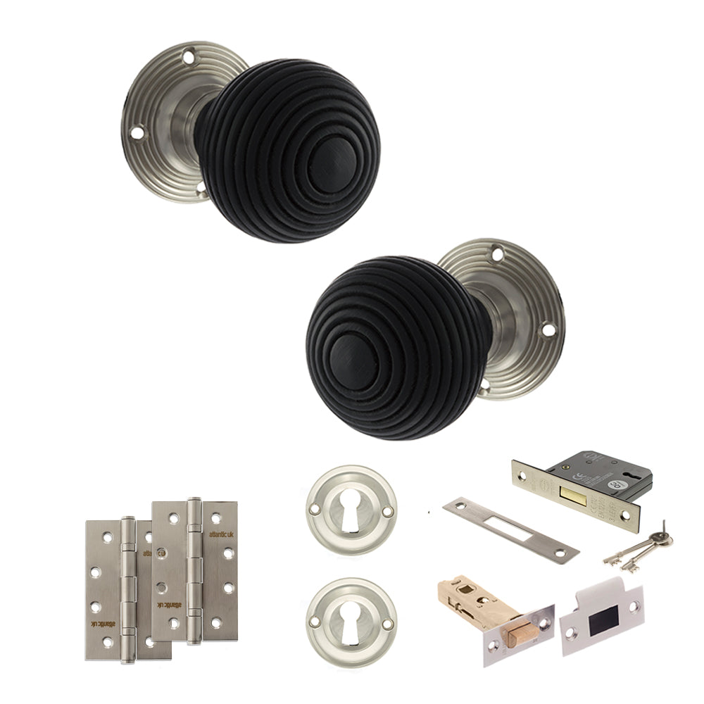 Quality image of Old English Whitby Door Knob Pack (Lock Set - 3" Latch & Deadlock, 4" Slim Knuckle Hinges x2) - Satin Nickel | Sku. adpoe60rremksn68 | available from Trade Door Handles.