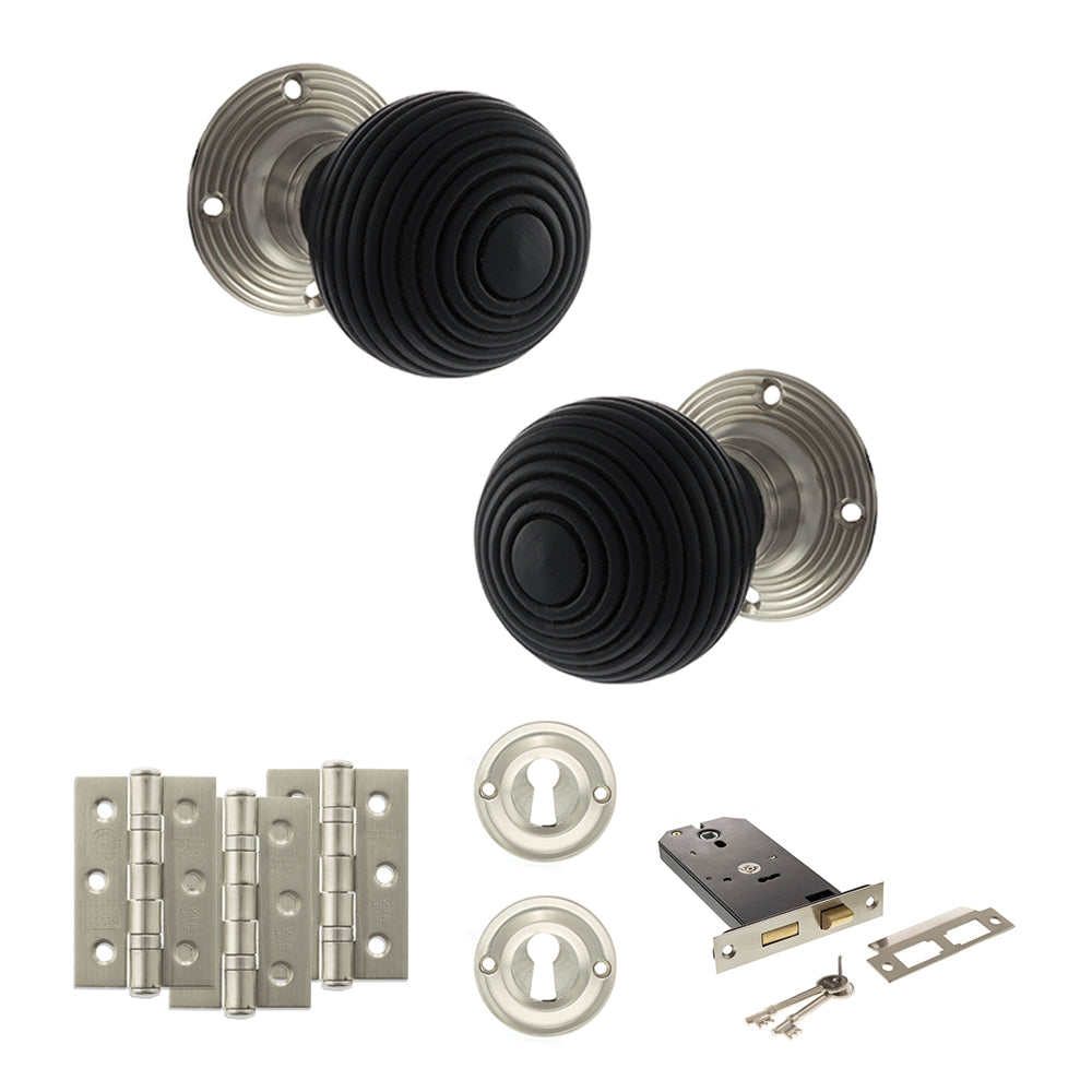 Quality image of Old English Whitby Door Knob Pack (Lock Set - Horizontal Sashlock, 3" Fire Rated Hinges x3) - Satin Nickel | Sku. adpoe60rremksn69 | available from Trade Door Handles.