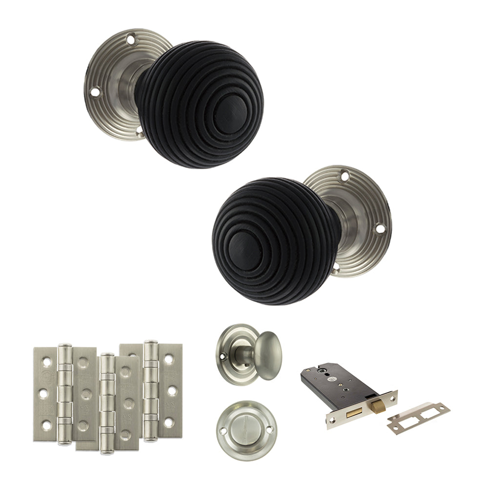 Quality image of Old English Whitby Door Knob Pack (Lock Set - Horizontal Bathlock, 3" Fire Rated Hinges x3) - Satin Nickel | Sku. adpoe60rremksn70 | available from Trade Door Handles.
