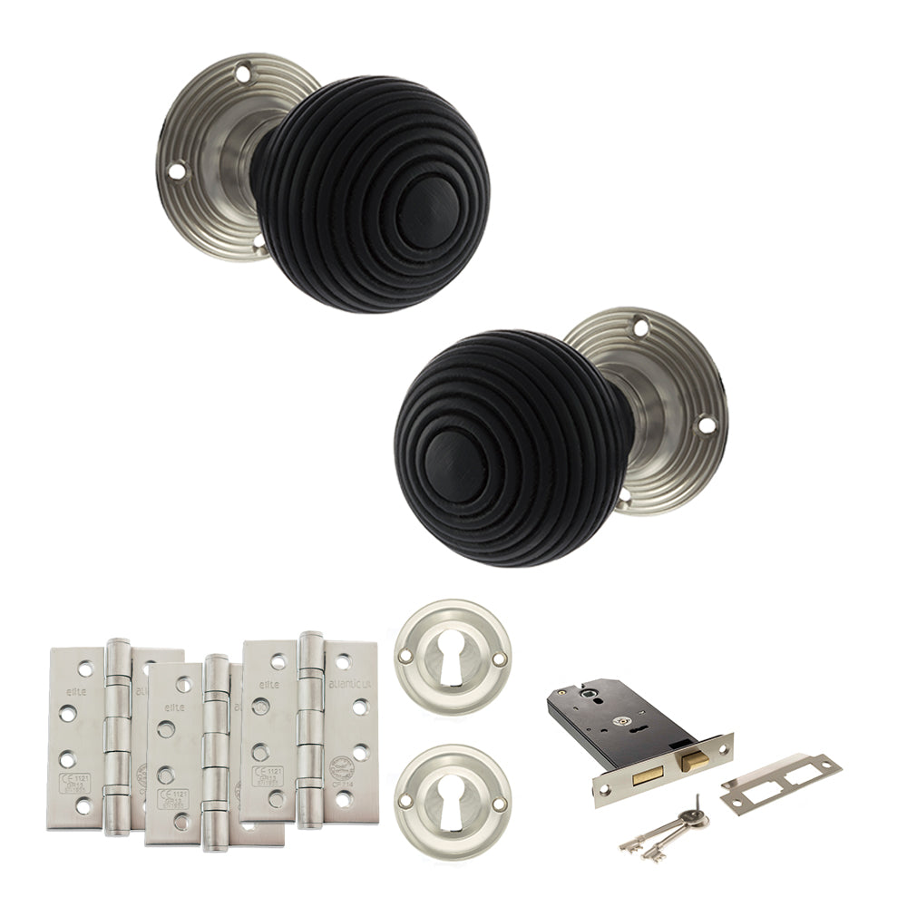 Quality image of Old English Whitby Door Knob Pack (Lock Set - Horizontal Sashlock, 4" Fire Rated Hinges x3) - Satin Nickel | Sku. adpoe60rremksn71 | available from Trade Door Handles.