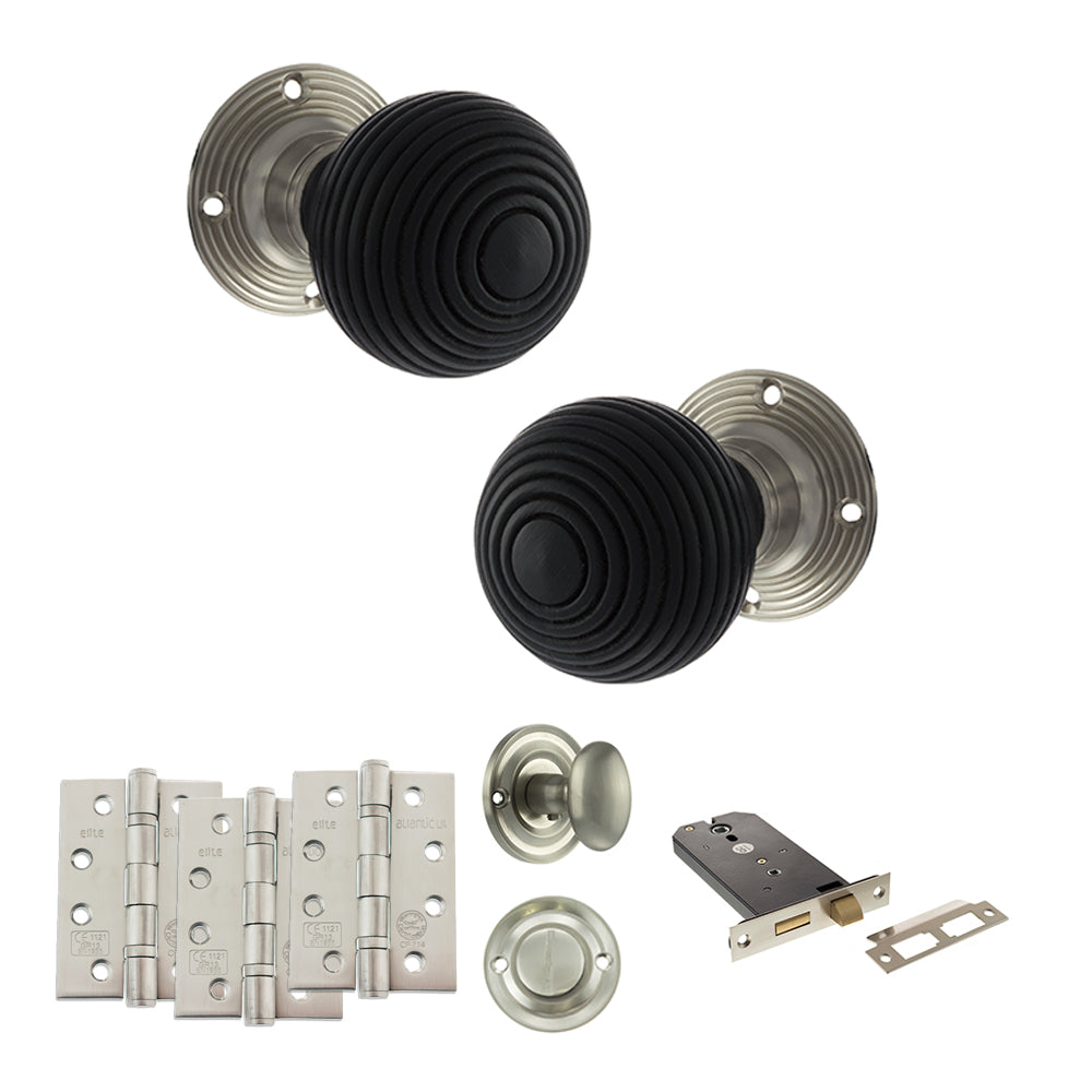 Quality image of Old English Whitby Door Knob Pack (Lock Set - Horizontal Bathlock, 4" Fire Rated Hinges x3) - Satin Nickel | Sku. adpoe60rremksn72 | available from Trade Door Handles.