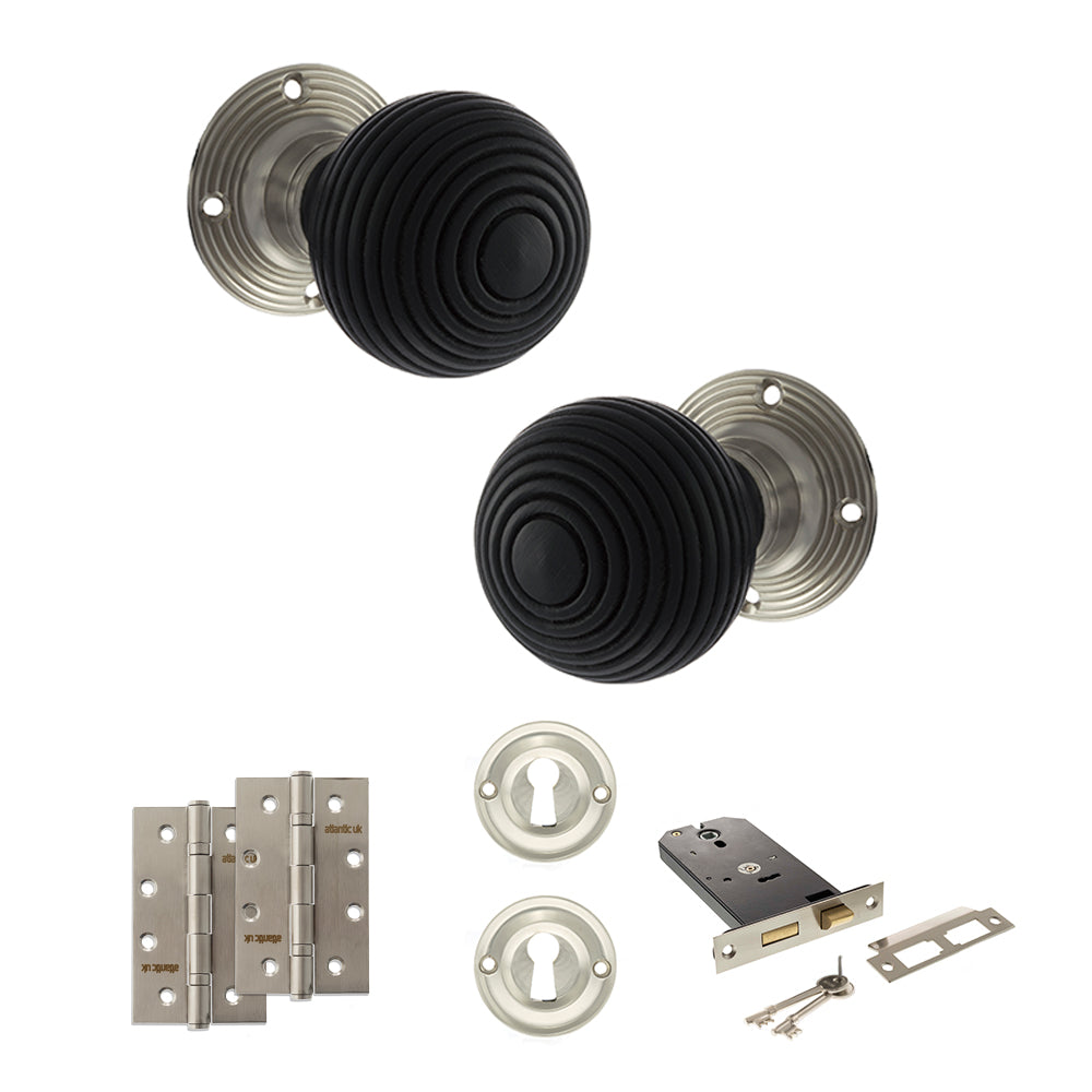 Quality image of Old English Whitby Door Knob Pack (Lock Set - Horizontal Sashlock, 4" Slim Knuckle Hinges x2) - Satin Nickel | Sku. adpoe60rremksn73 | available from Trade Door Handles.