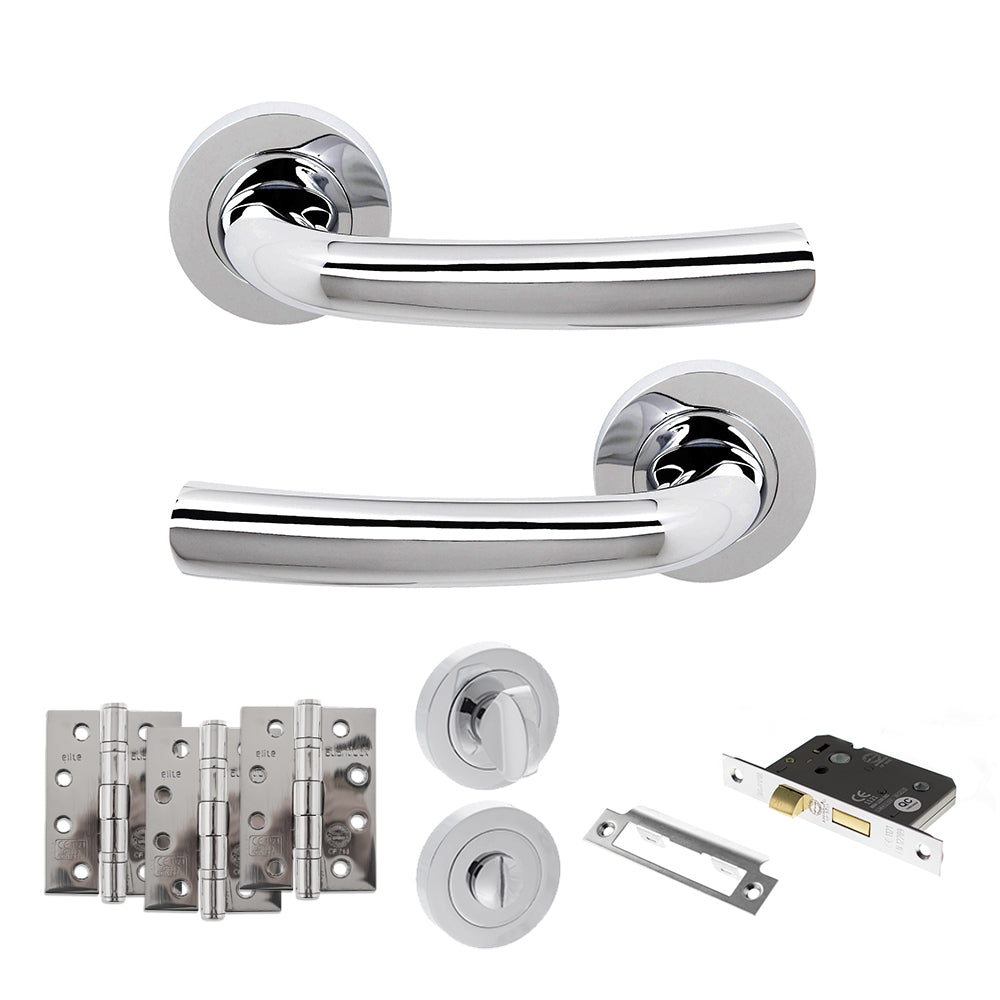 Quality image of STATUS Nevada Door Handle Pack (Bathroom Set - 2.5" CE Bathroom Lock, 4" Fire Rated Hinges x3) - Polished Chrome | Sku. adps21rpc10 | available from Trade Door Handles.