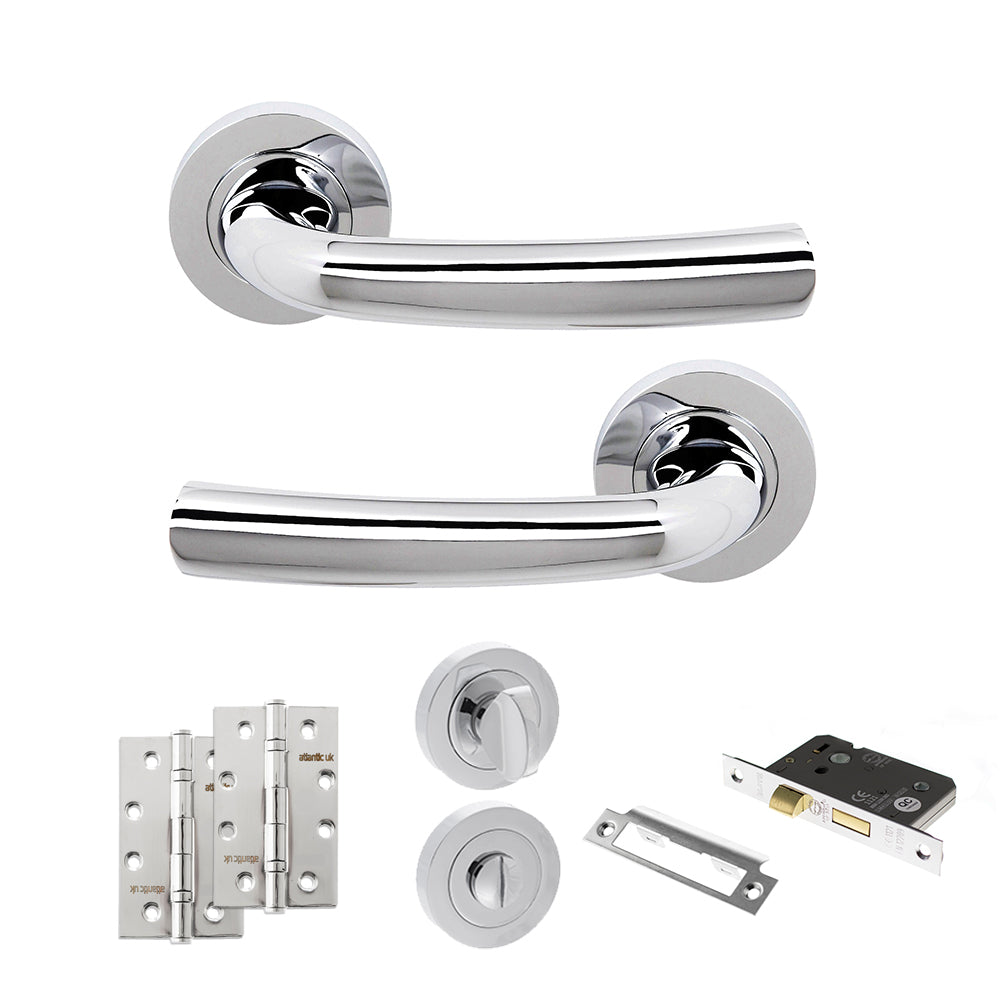 Quality image of STATUS Nevada Door Handle Pack (Bathroom Set - 3" CE Bathroom Lock, 4" Slim Knuckle Hinges x2) - Polished Chrome | Sku. adps21rpc13 | available from Trade Door Handles.