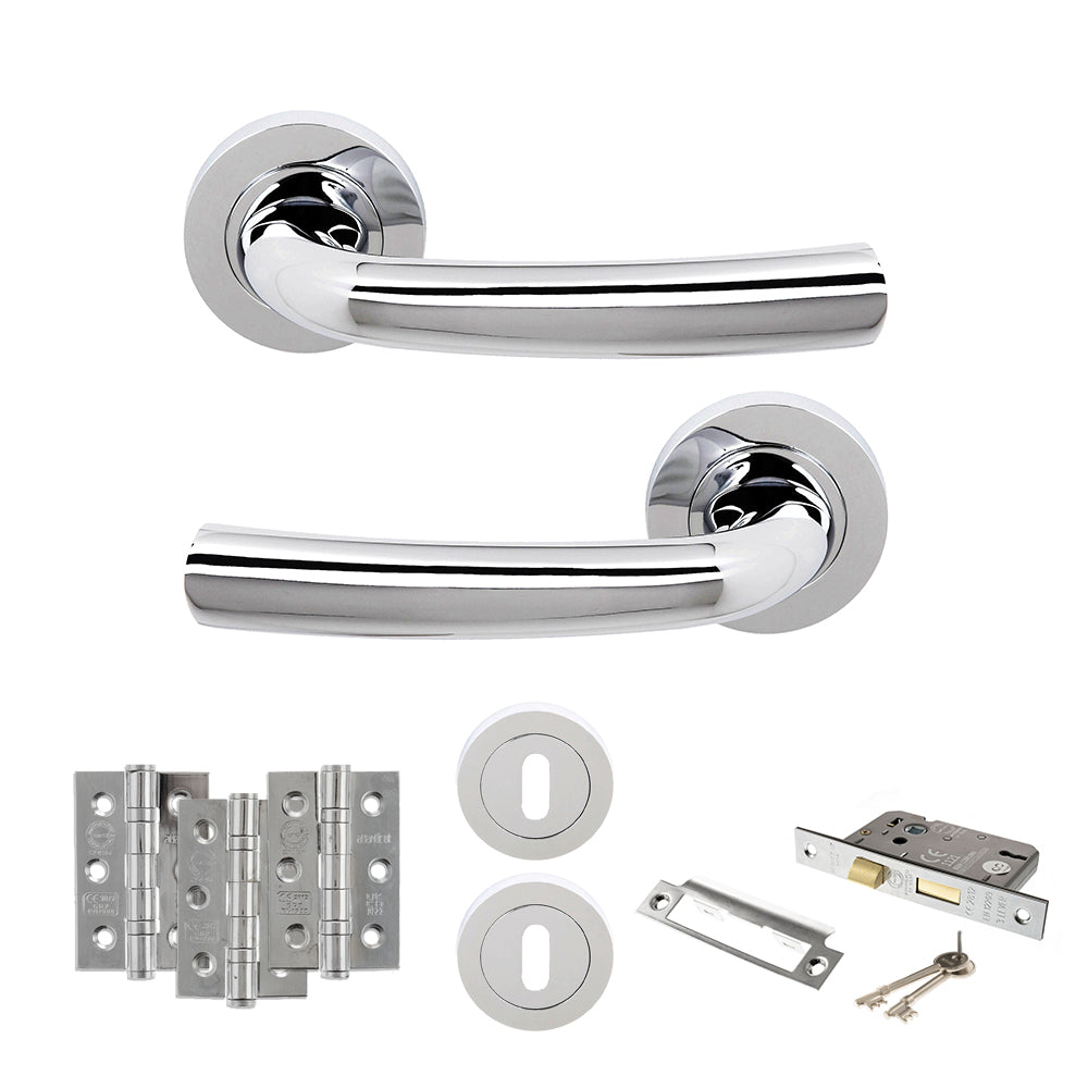 Quality image of STATUS Nevada Door Handle Pack (3 Lever Lock Set - 3" CE Sashlock, 3" Fire Rated Hinges x3) - Polished Chrome | Sku. adps21rpc15 | available from Trade Door Handles.