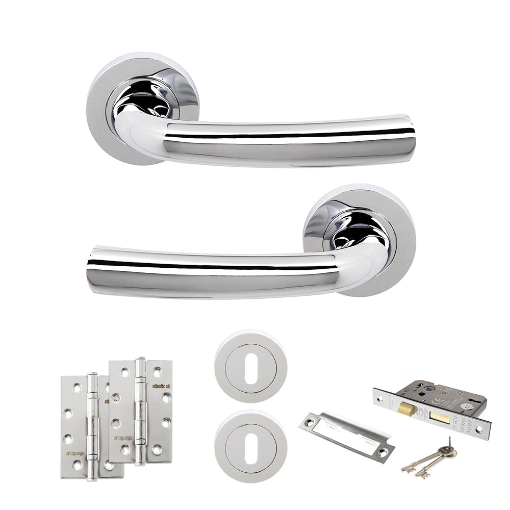 Quality image of STATUS Nevada Door Handle Pack (3 Lever Lock Set - 3" CE Sashlock, 4" Slim Knuckle Hinges x2) - Polished Chrome | Sku. adps21rpc19 | available from Trade Door Handles.