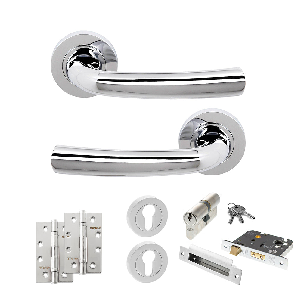 Quality image of STATUS Nevada Door Handle Pack (Euro Lock Set - 2.5" CE Sashlock, 4" Slim Knuckle Hinges x2) - Polished Chrome | Sku. adps21rpc24 | available from Trade Door Handles.