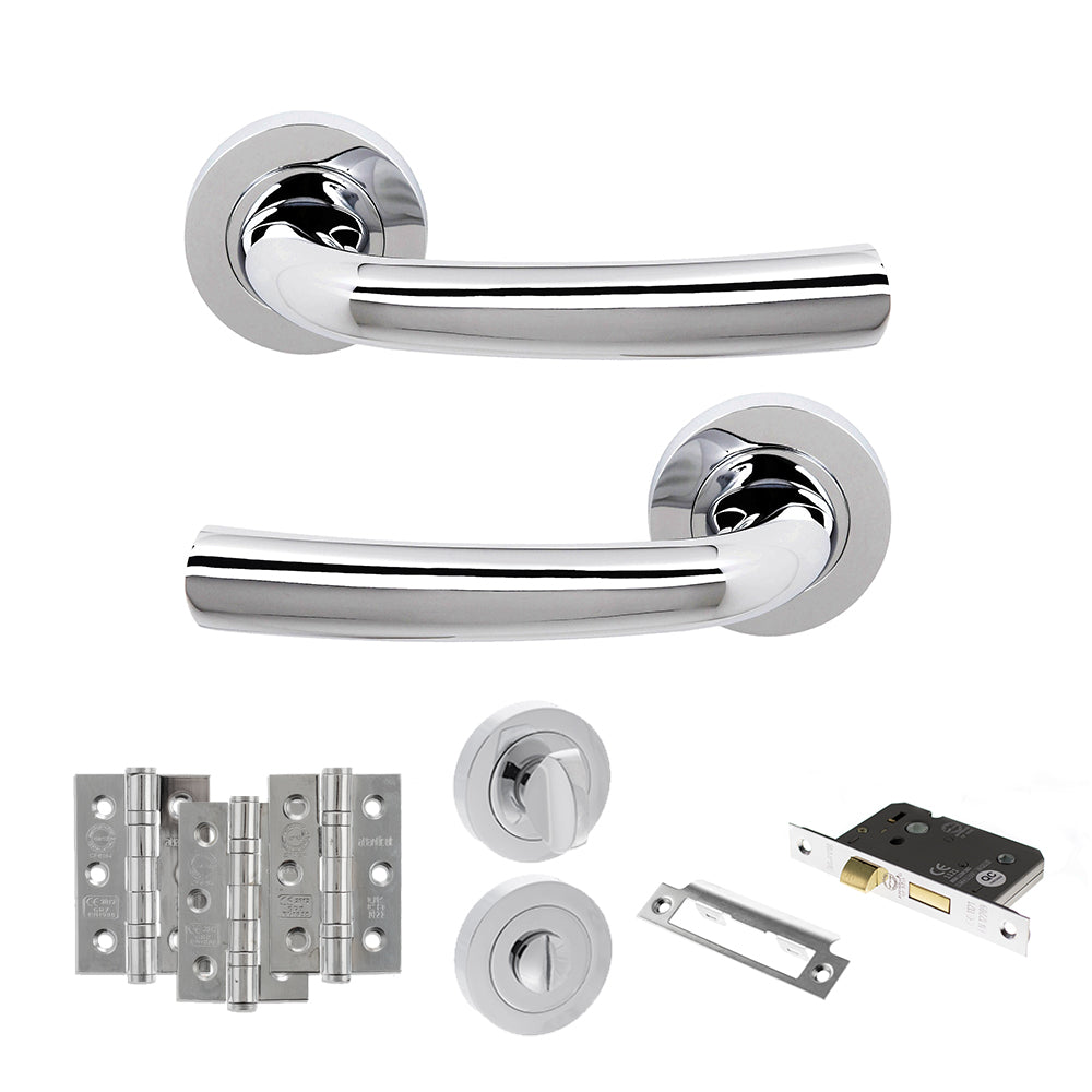 Quality image of STATUS Nevada Door Handle Pack (Bathroom Set - 3" CE Bathroom Lock, 3" Fire Rated Hinges x3) - Polished Chrome | Sku. adps21rpc9 | available from Trade Door Handles.